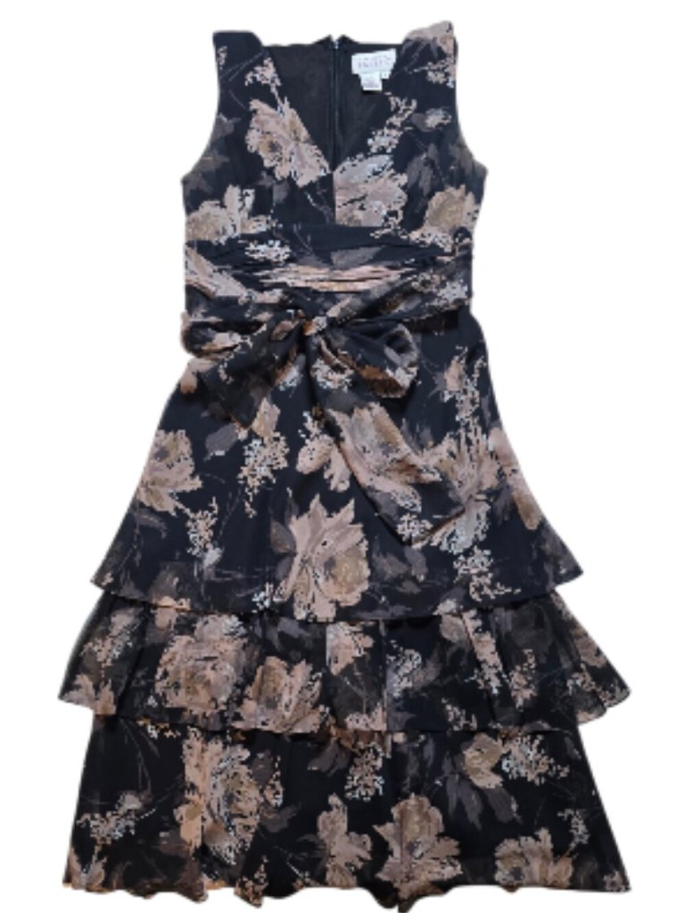 Adrianna Papell Silk Floral Tiered Midi 100% Silk Dress Sash Black Size 6